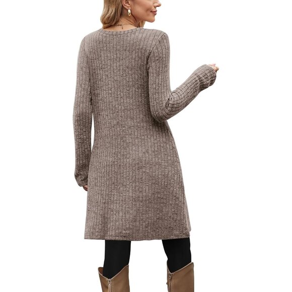Ofeefan Women's Ribbed Coffee Crew Neck Long Sleeve Winter Tunic Dress - Picture 5 of 5